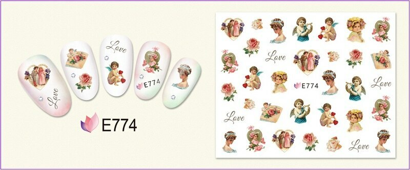 Nail Art 3D Decal Stickers Cupid Аngel pink flower rose love E774