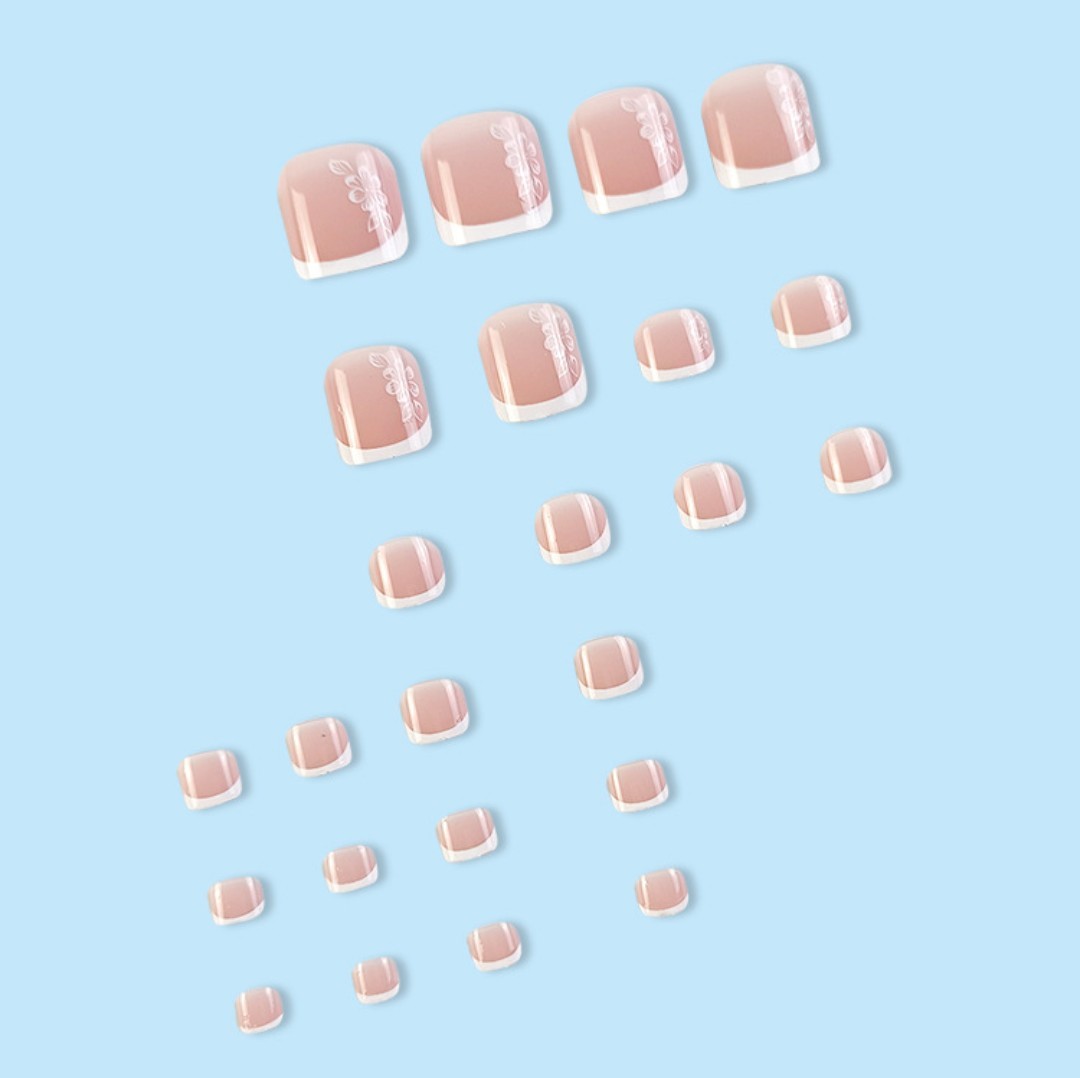 Press On Toenails 24Pcs White Flower French Tip Fake Toe Nail Set Glue