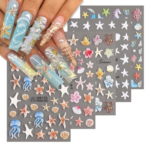 Ocean Life 5D Embossed Nail Art Stickers Decals, 5 Sheets Summer Ocean Life