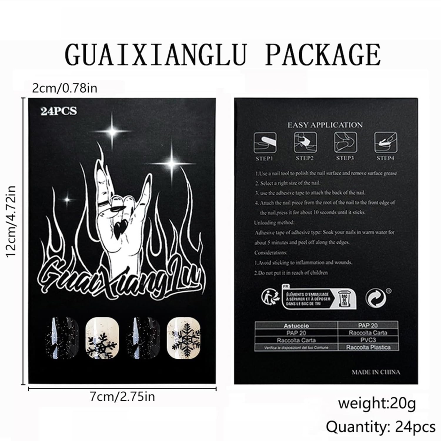 Black Press on Nails Medium Square Fake Nails with Designs Snowflake Stick