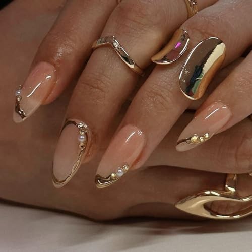 CTTHNBD Press on Nails Almond – French Tip Fake Nails with Gold Chrome Gold