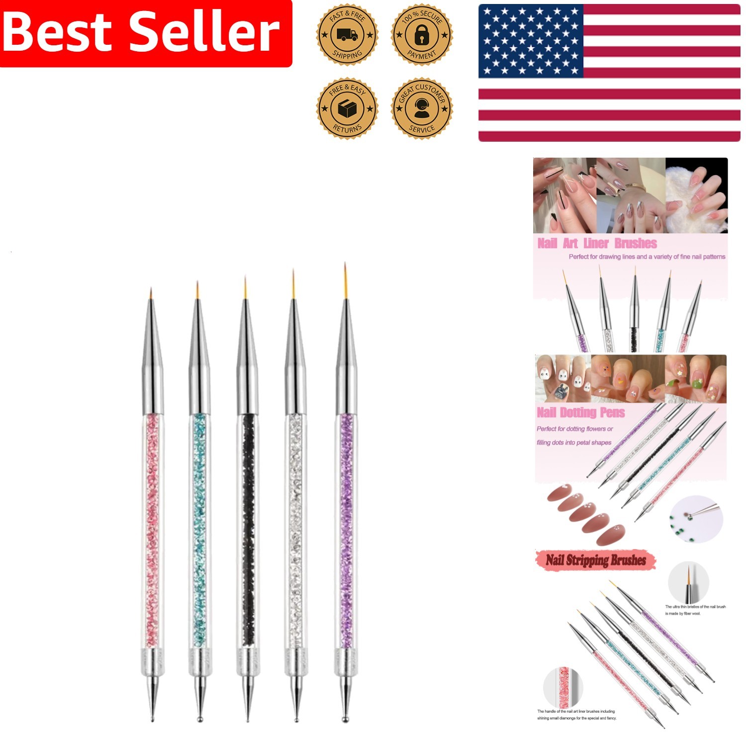 Nail Liner Brushes 5pc Professional Double-Ended Dotting Pen Set DIY French Art