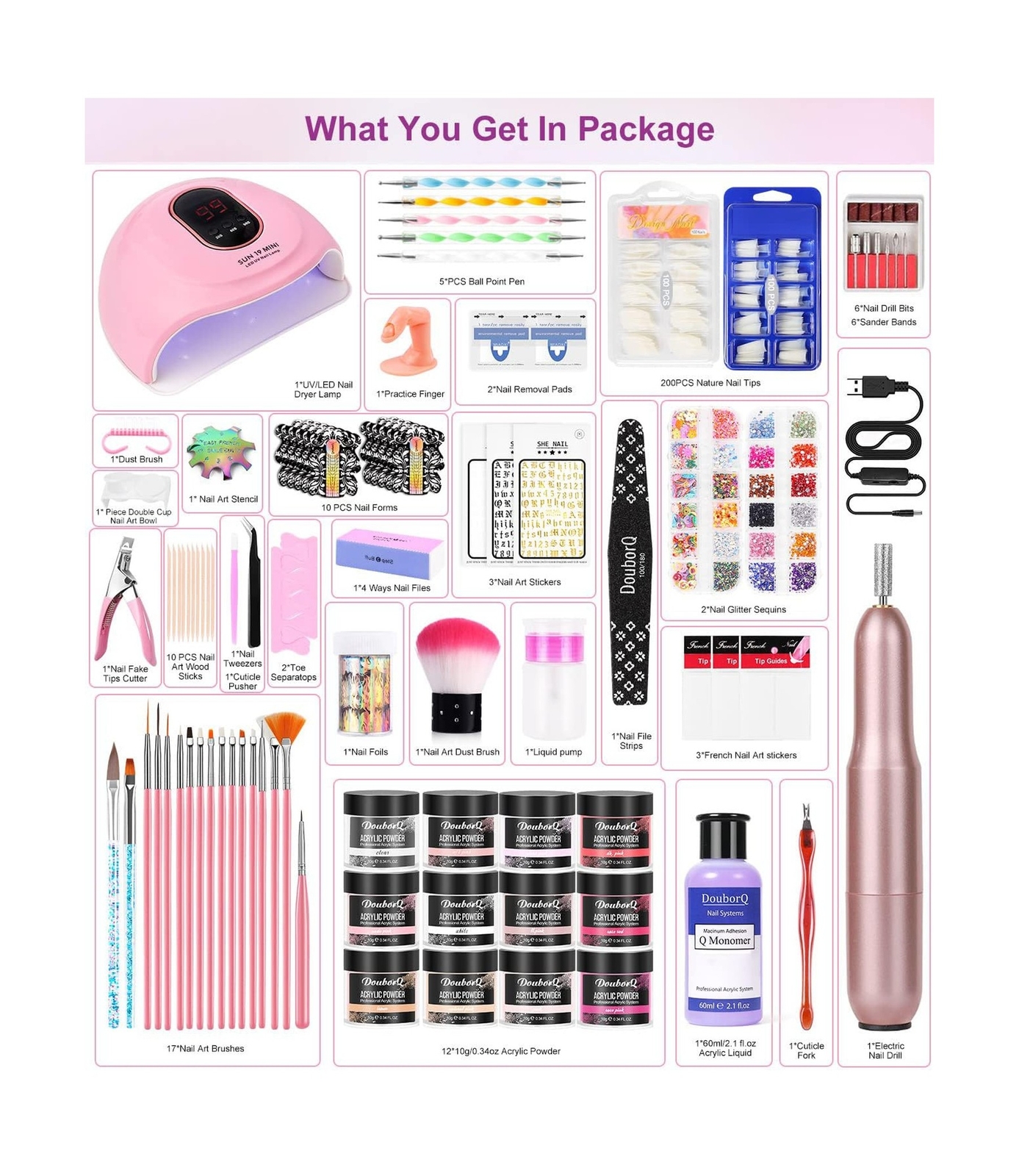 Acrylic Nail Art Kit-Nail Art Manicure Set Acrylic Powder Brush Glitter File …
