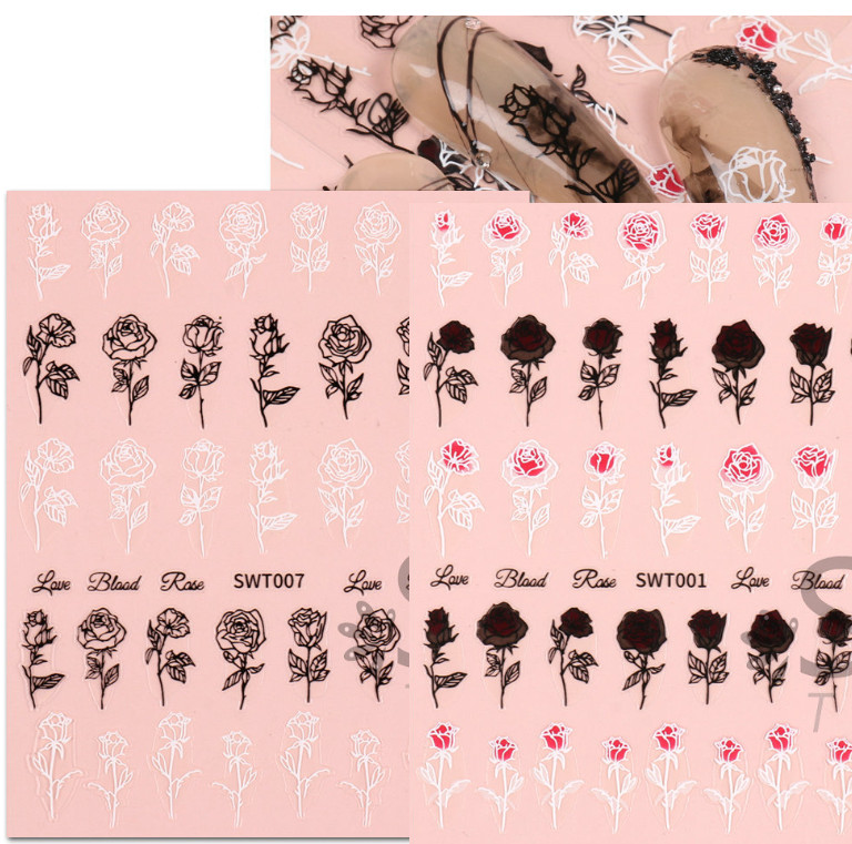 Nail Art Stickers 3D Black White Rose Flower Love Self Adhesive NS48