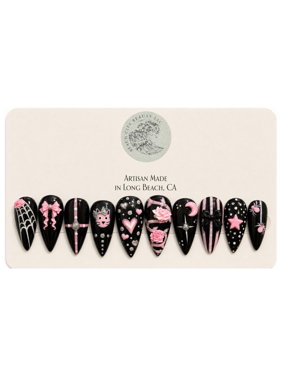 Black and Pink Gothic Halloween Press-On Nail Set | 3D Bow, Roses & Spiders