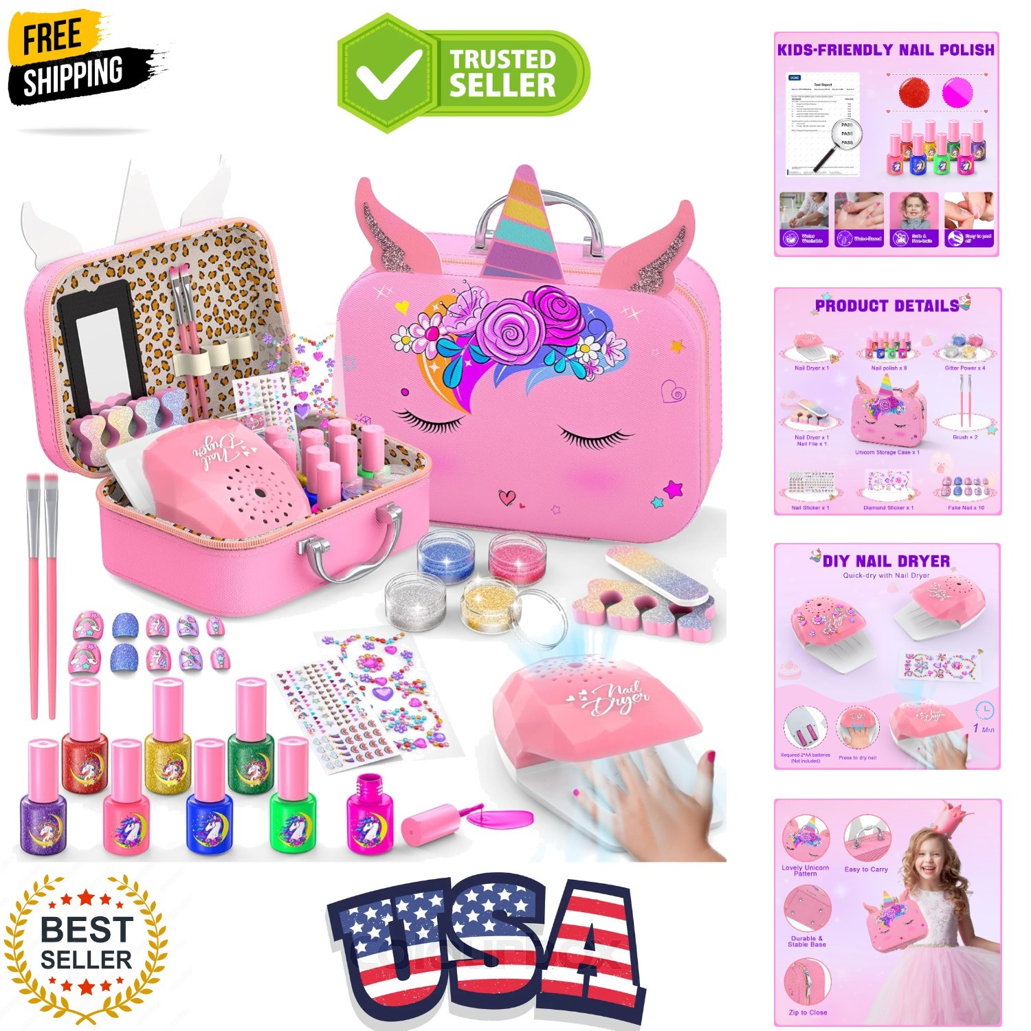 Kids Nail Polish Set for Girls, Non-Toxic Quick Dry Nail Art Salon Kit with N…