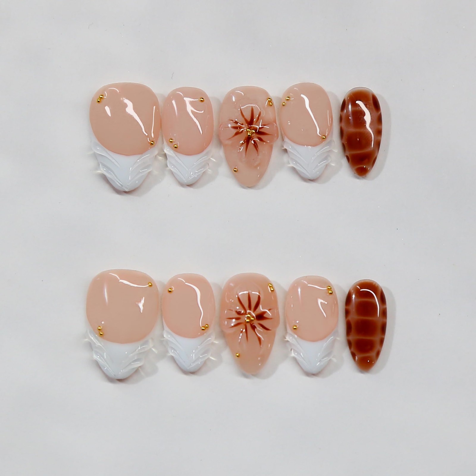 Press on Nails, Short Almond 3D Handmade 10PCS Nails, Reusable White French T…