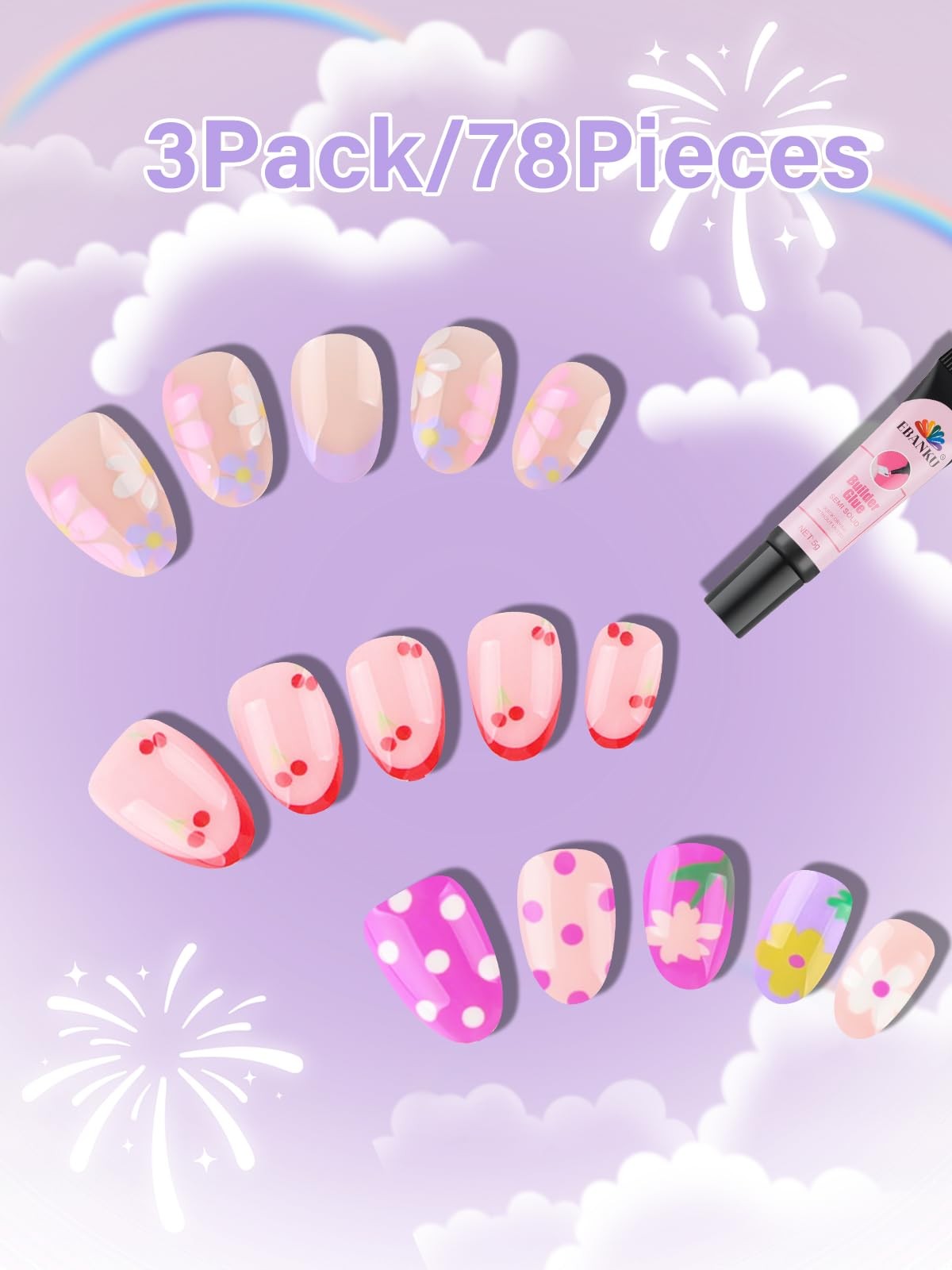 78PCS Kid Press on Nails, EBANKU 3 Pack Children Fake Nail Kit Full Cover Sho…