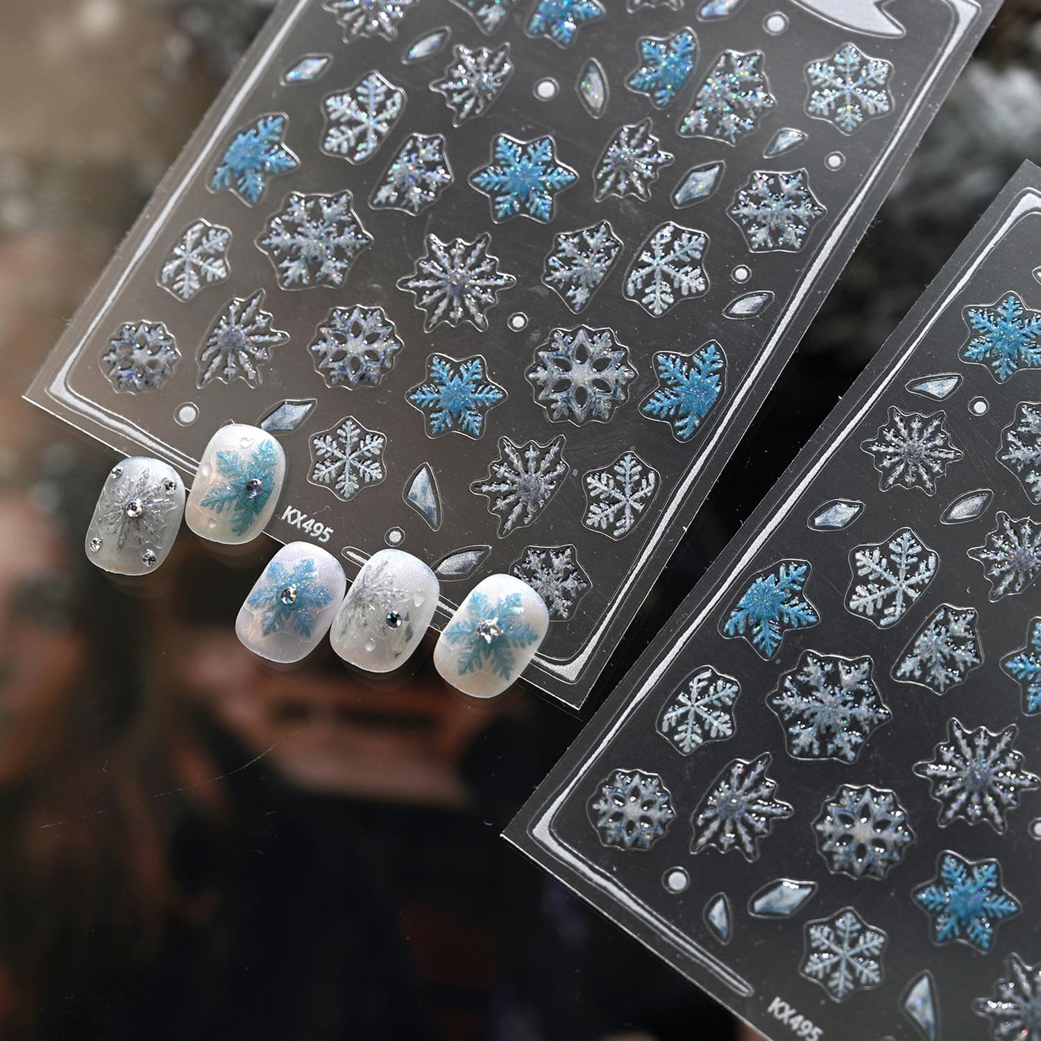 Winter Snowflake Nail Art Stickers, Blue White, 2 Sheets | 5D Embossed, Self-Adh