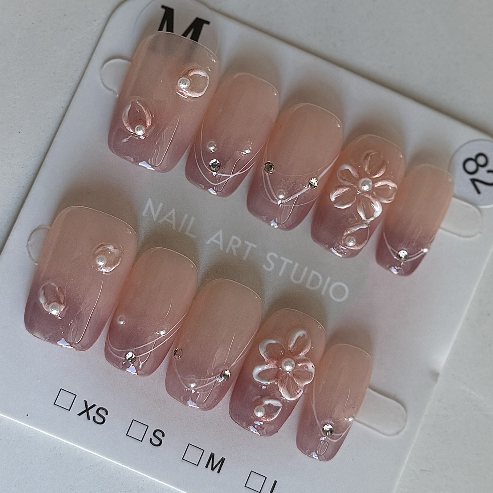 Handmade Pink Nude French Tip 3D Flower Press-On Nails Reusable False Nail