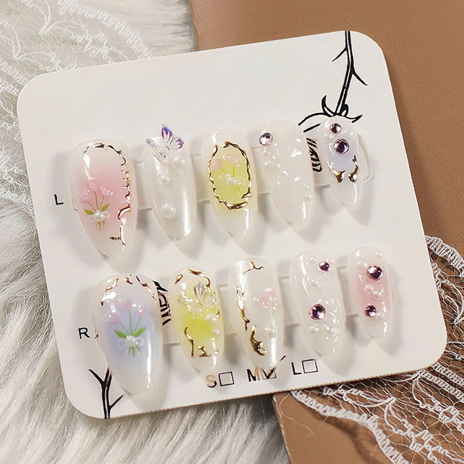 24Pcs Almond Press on Nails Medium Fake Nails with Silver Star Irregular Lines P