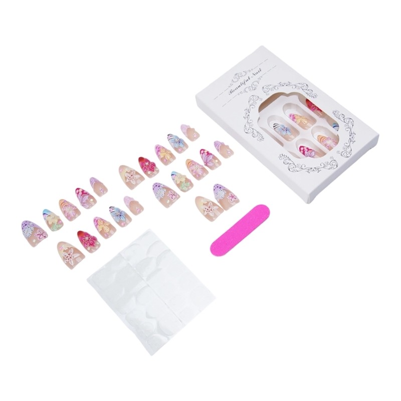 30 Piece Press-On Set in Pink Gradient Floral Style for Home Use
