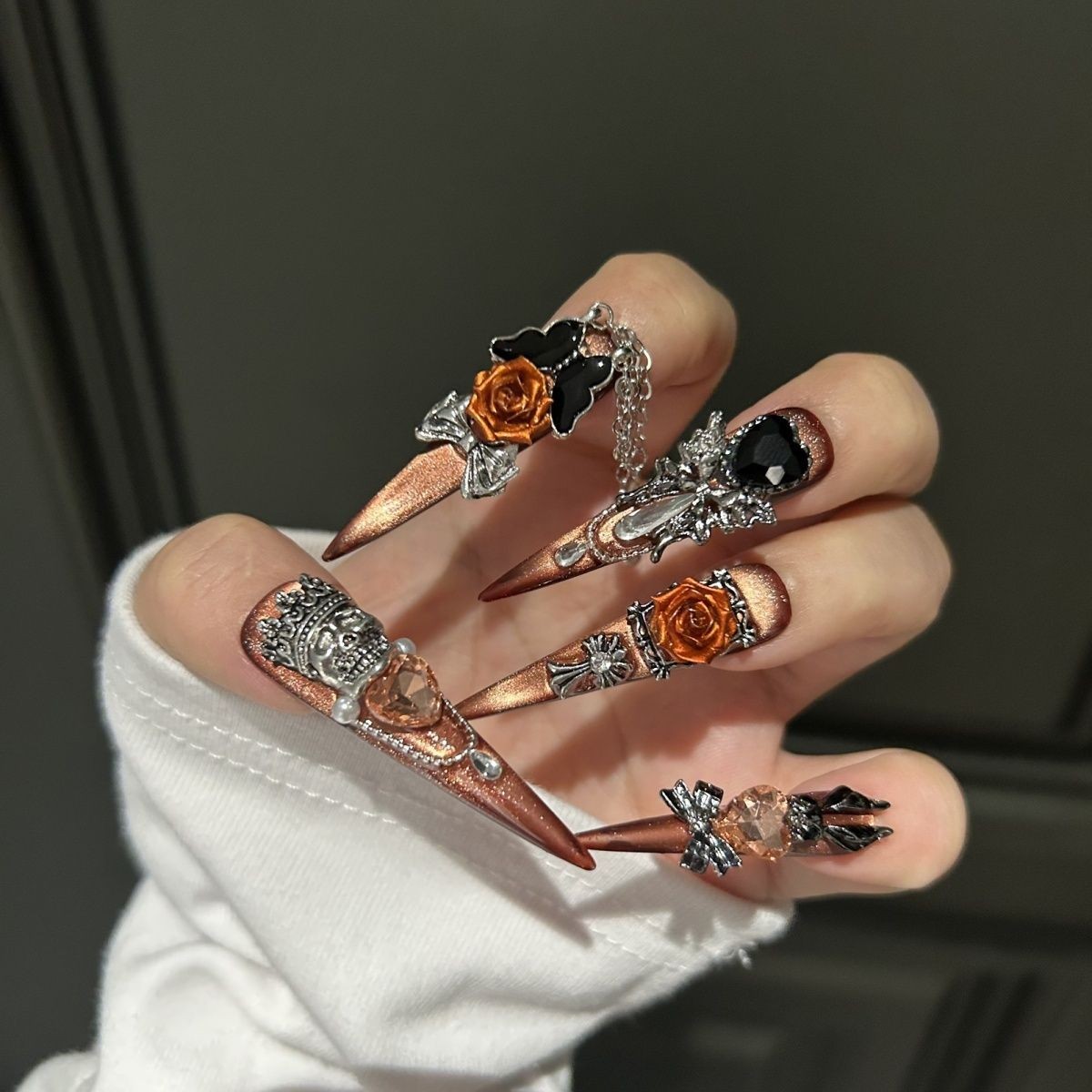 Dark Luxury Handmade Black Press On Nails Long Full Diamond