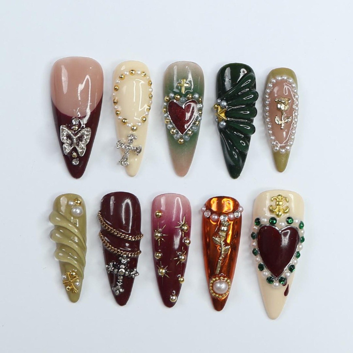 Vintage Cross Heart Handmade Press on Nails Metal Rose Pearl Trendy Fake Nails