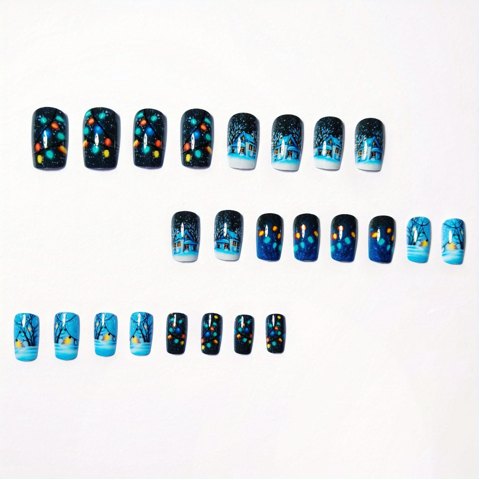 48pcs Winter Holiday Press On Nails Christmas Cottage Reusable False Nail Kit