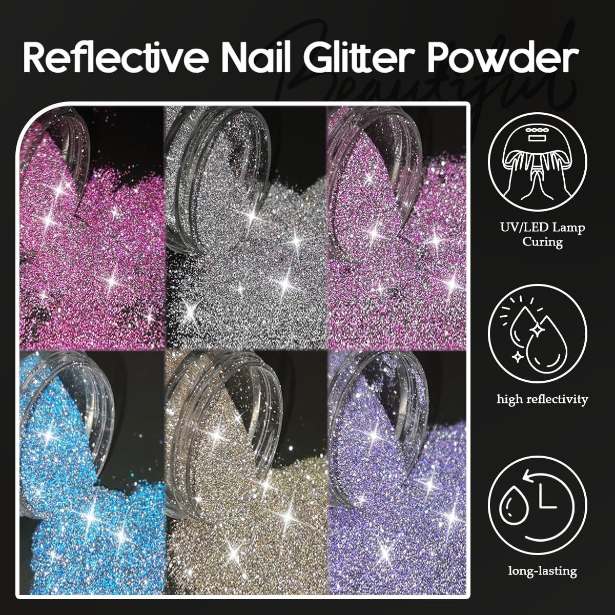 Holographic Chrome Nail Powder,6 OR 10 Colors Metallic For Women