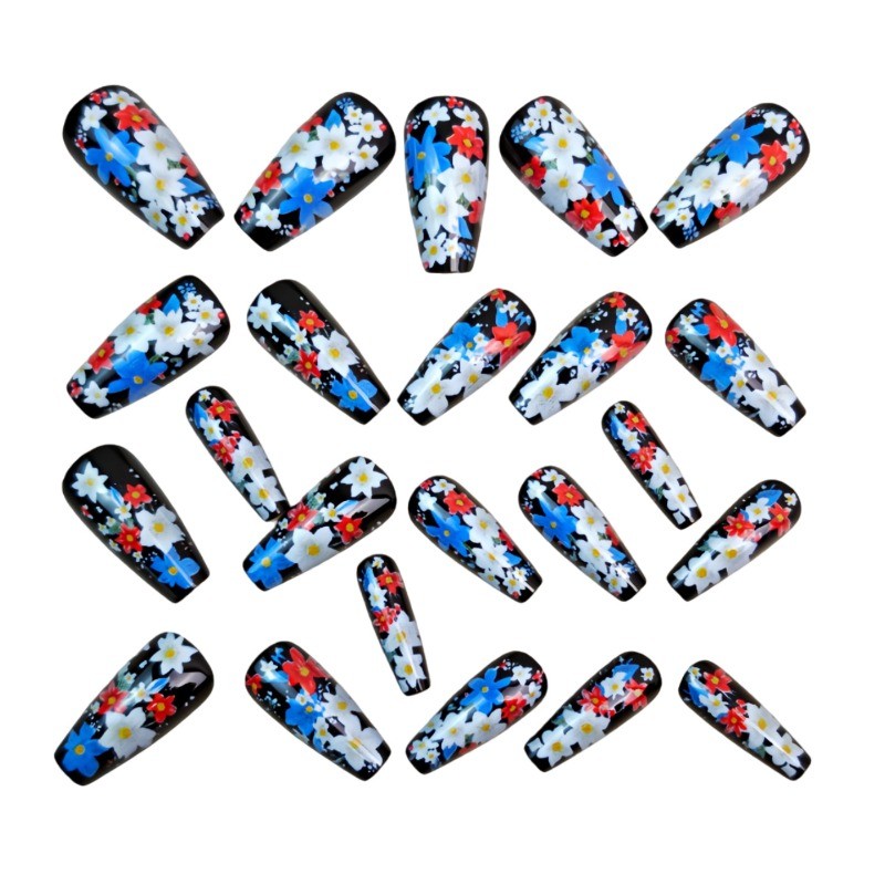 48 Pcs of Medium To Long Ballet Nail, Blue Plant Flower, Fashionable Fake Nail