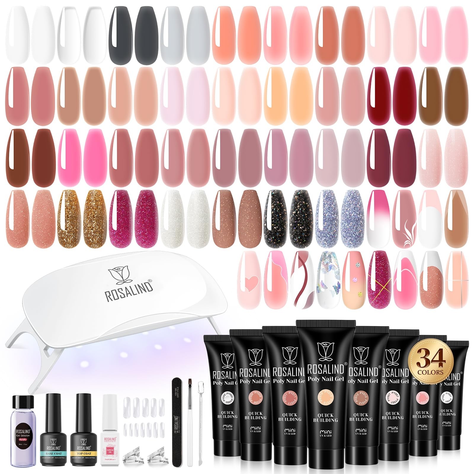 ROSALIND Poly Nail Gel Kit -34 Colors + White Brown Accessories Clear Nude Po…