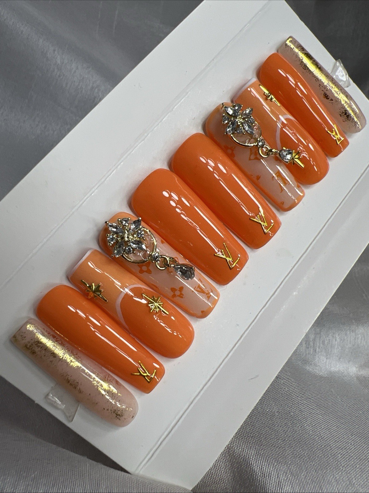 💎 CUSTOM Hard Gel Press On Nails, Orange NUDE , 10p FULL SET W Kit LONG SQUARE