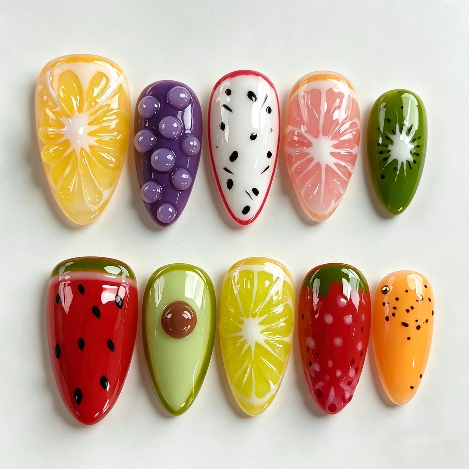 3D Fruit Almond Press-On Nails – Medium Length Cute Thick Acrylic Fake Nails, 10