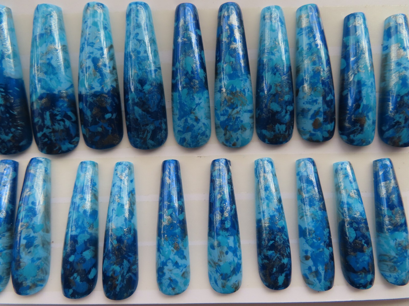 XL Light & Dark Blue Silver Splatter Square Coffin Press On Nails (20)