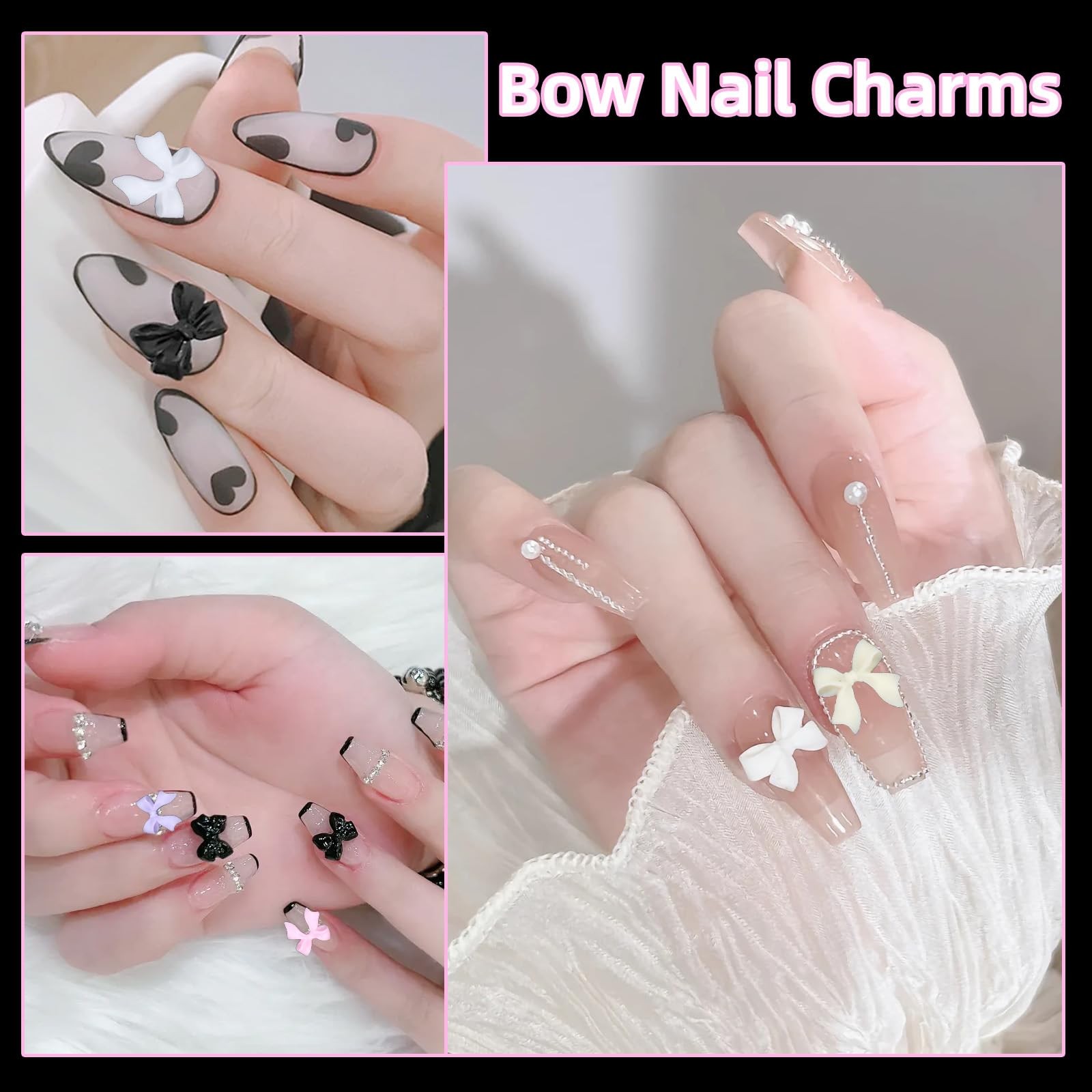 Uotey 3D Bows Nail Charms, Pink Color White Red Black Bows Flowers Pearls Nai…