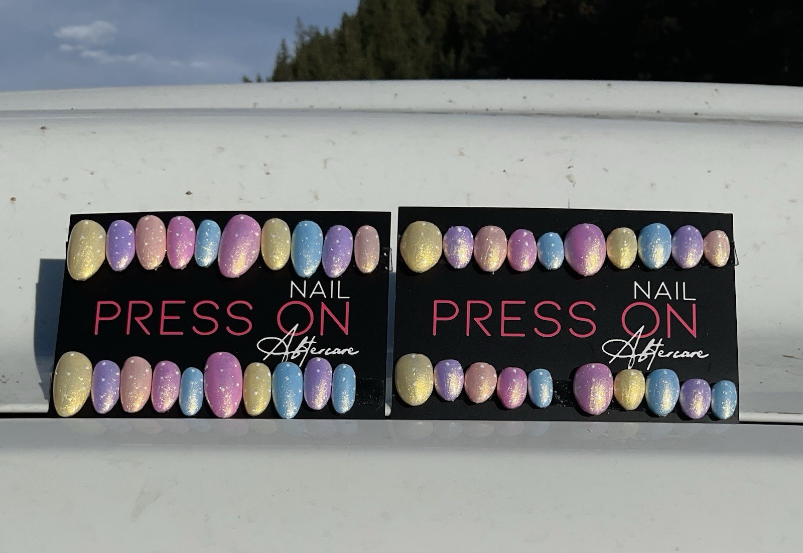 Aftercare Glitter Almond Press-On Nails Pre-Designed Pastel Yellow Pink Blue Pu…