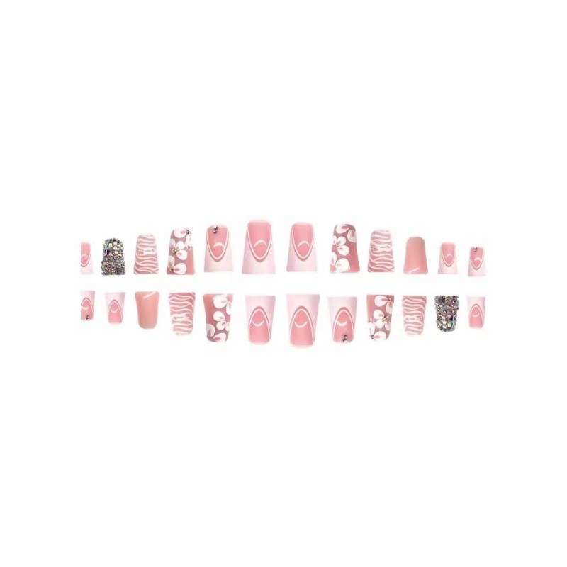 24pcs-Glam Nails with Nude Pink Base, Bling Crystals and Hand-Painted Floral Art