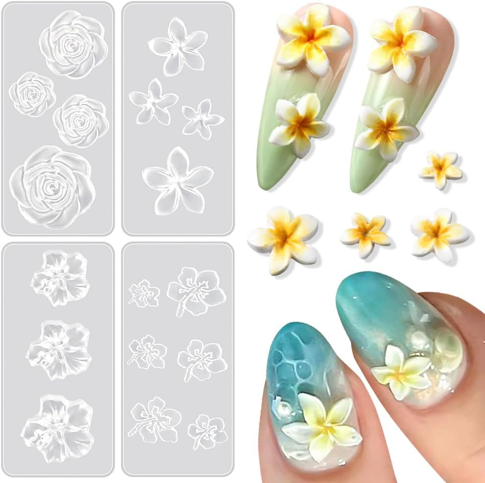 4Pcs Flower Nail Charms Silicone Molds 3D Gel Nail Art Mold Plumeria Cherry