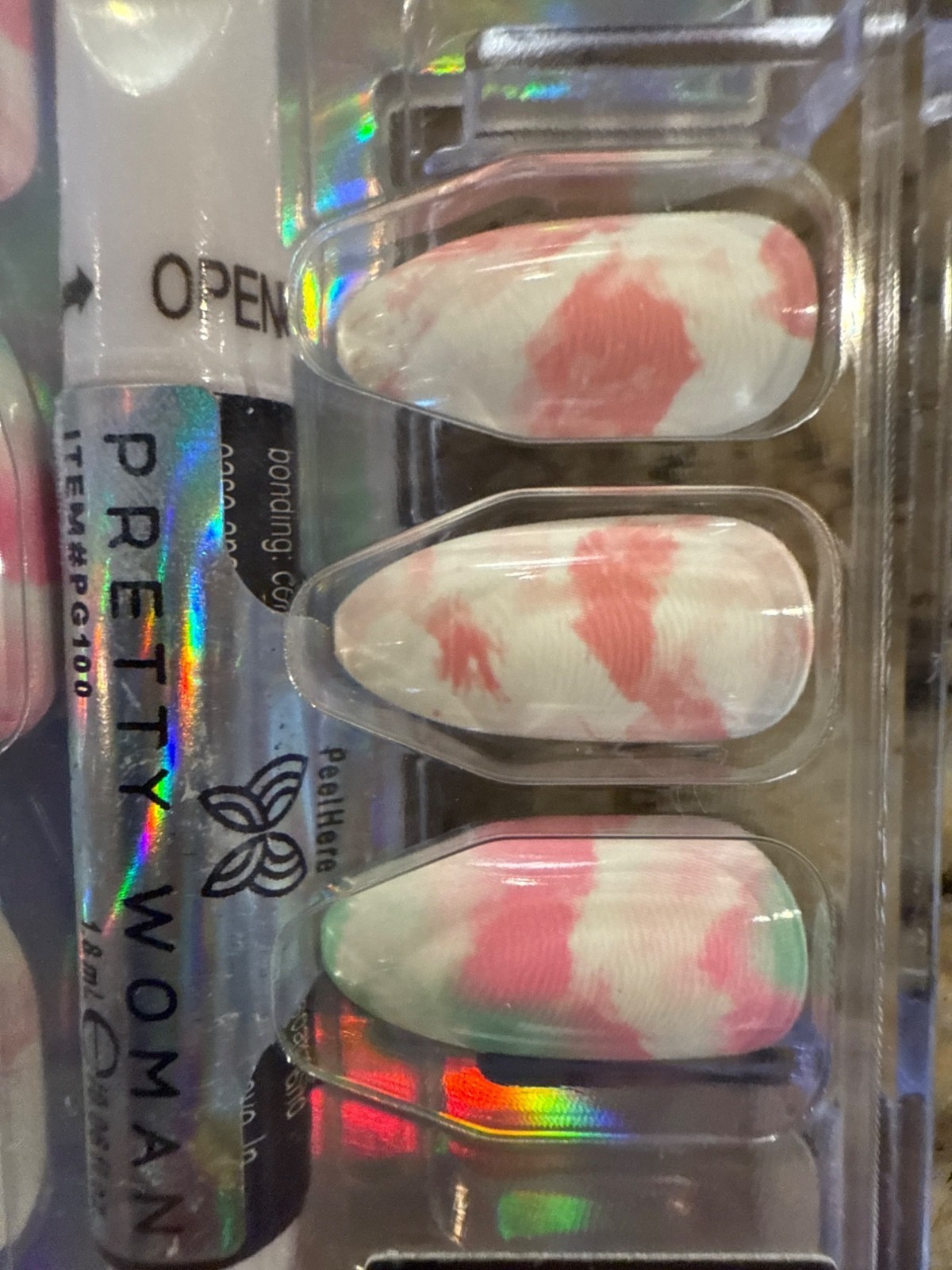 PRETTY WOMAN 24 Press-On FAUX NAILS Medium ALMOND Mable TIE DYE White+Pink READ!