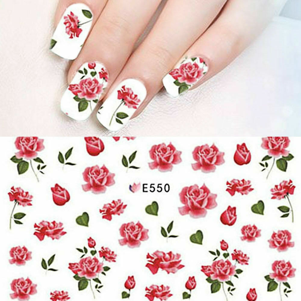 Nail Art 3D Decal Stickers pink rose buds green leaves E550