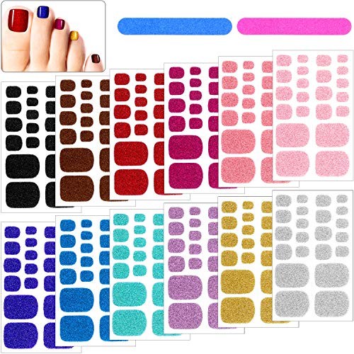 12 Sheets Glitter Toe Nail Wraps Self-Adhesive Toe Nail Polish Stickers Solid