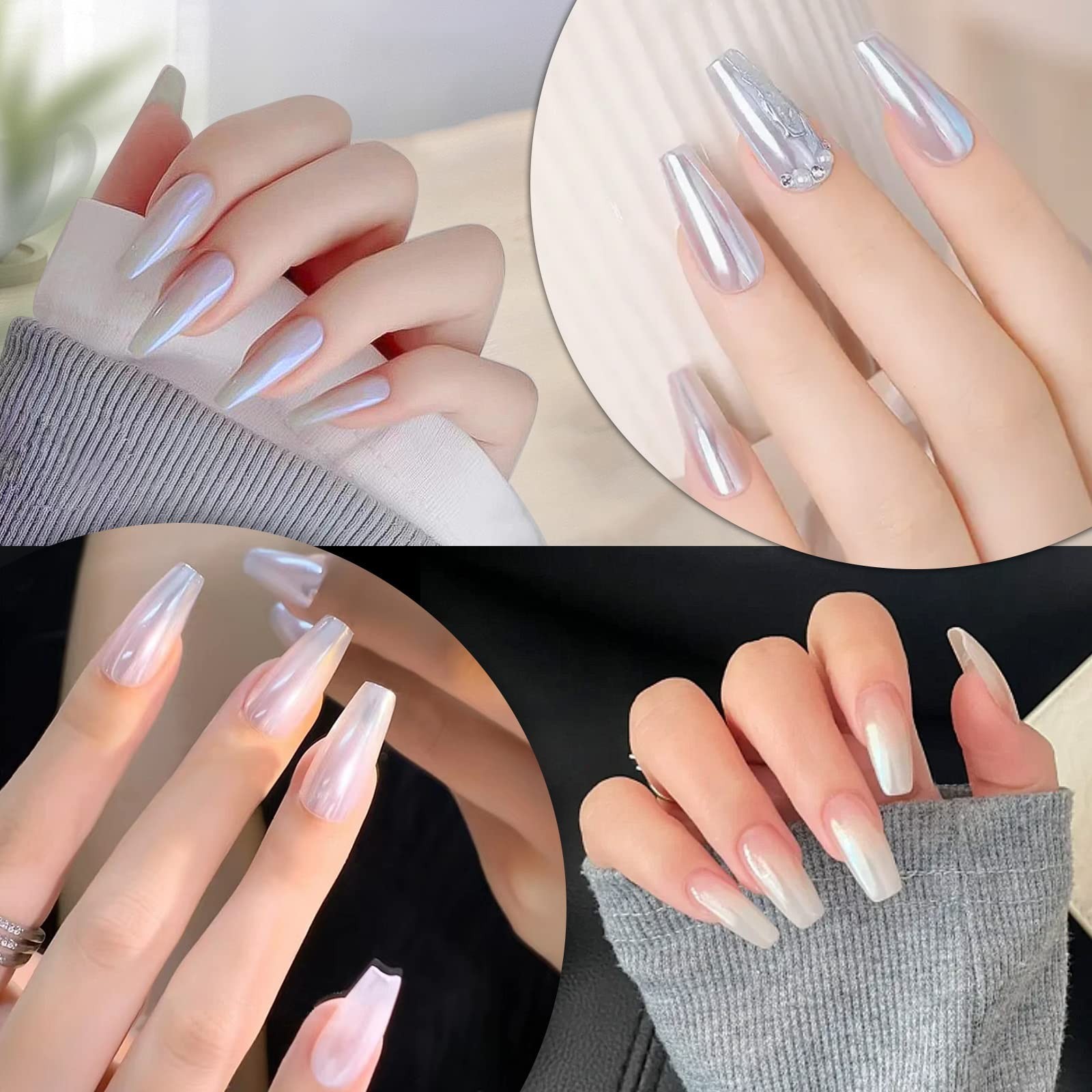 36 Jars Chrome Nail Powder Kit – White Pearl, Silver Metallic, Holographic Dip f