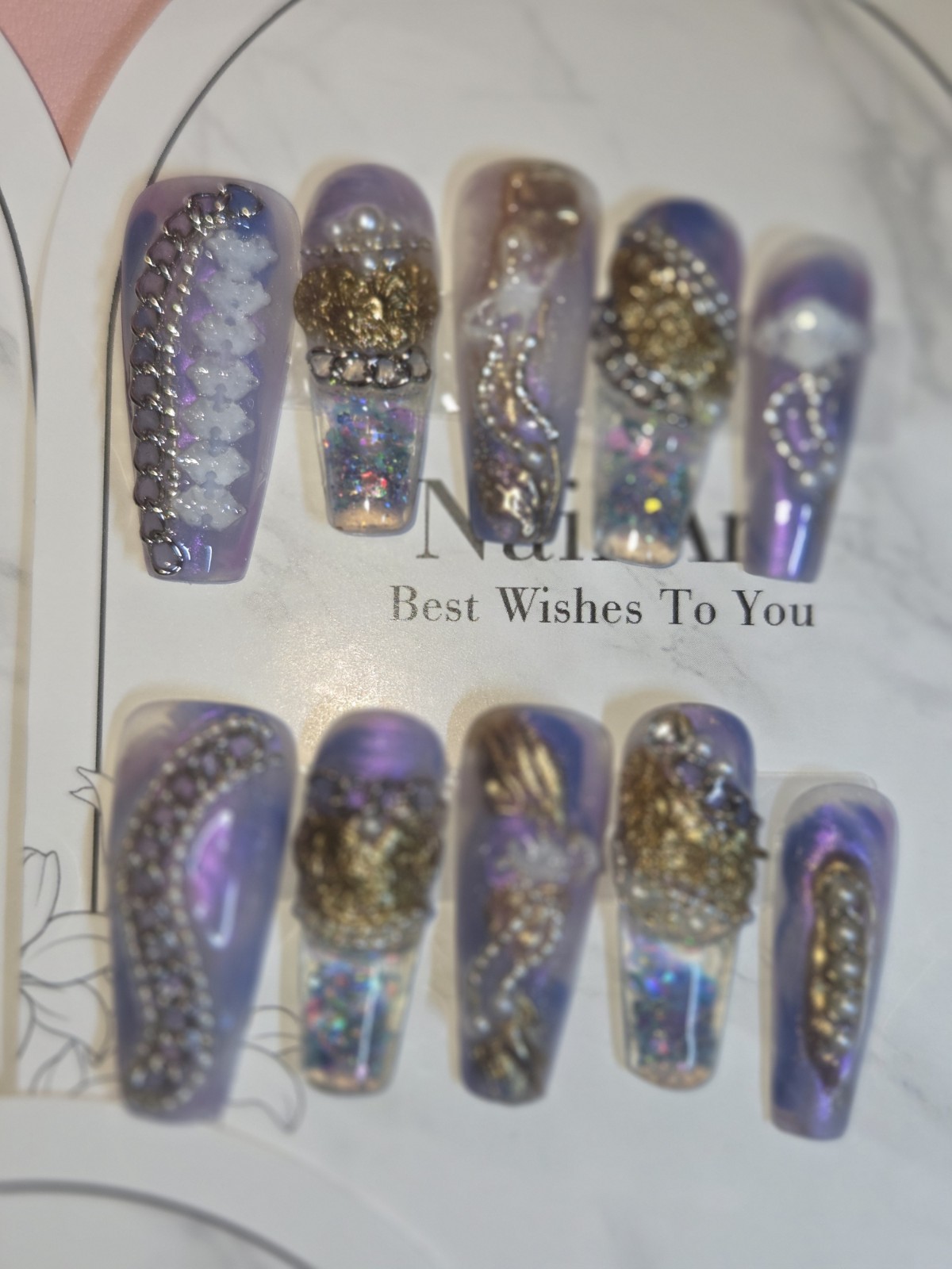 Press On Nails Handmade Medium Coffin Bundle Of 3 Purple blue Aqua water nail
