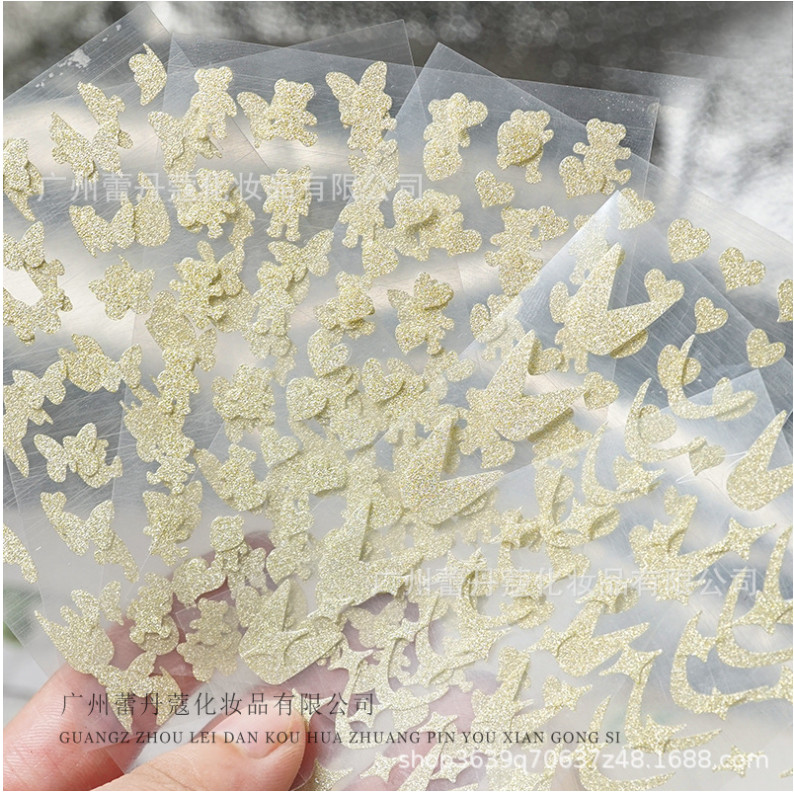 Champagne Gold Glitter Nail Stickers Heart Star Butterfly Bear Flame French NS53