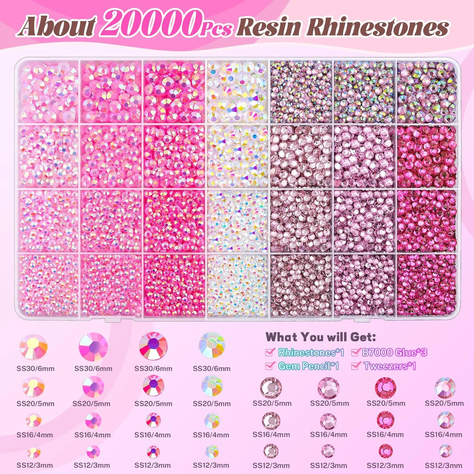 Pink Rhinestones 20000Pcs Bedazzling Kit with Jewelry Glue Resin Flatback Gems