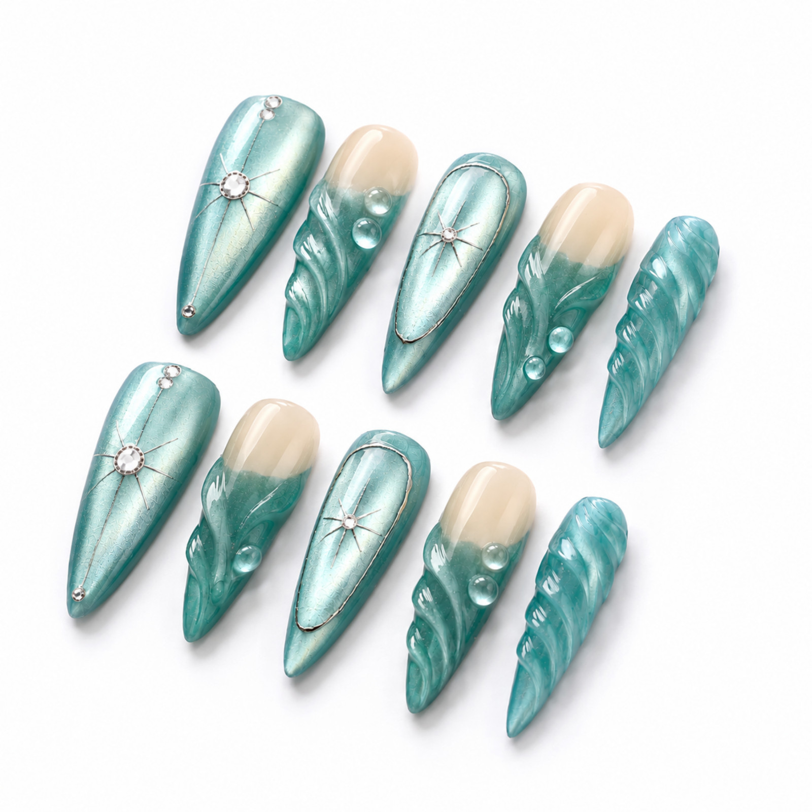 Handmade Aqua Teal Nude 3D Wave Press On Nails Rhinestone Custom Set