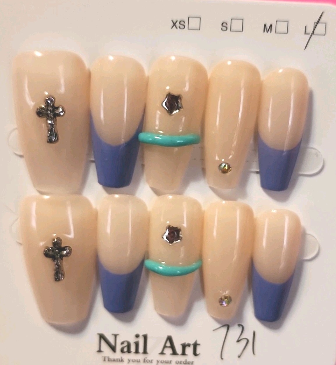 Press-On Nails Long Coffin Full Cover Acrylic, Beige/Blue Shiny Cross Design