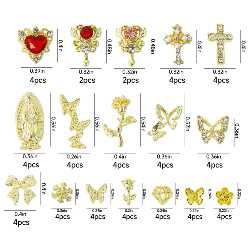64PCS Gold Nail Charms Set with Y2k Alloy Steel Gems, 64 Pieces, gold