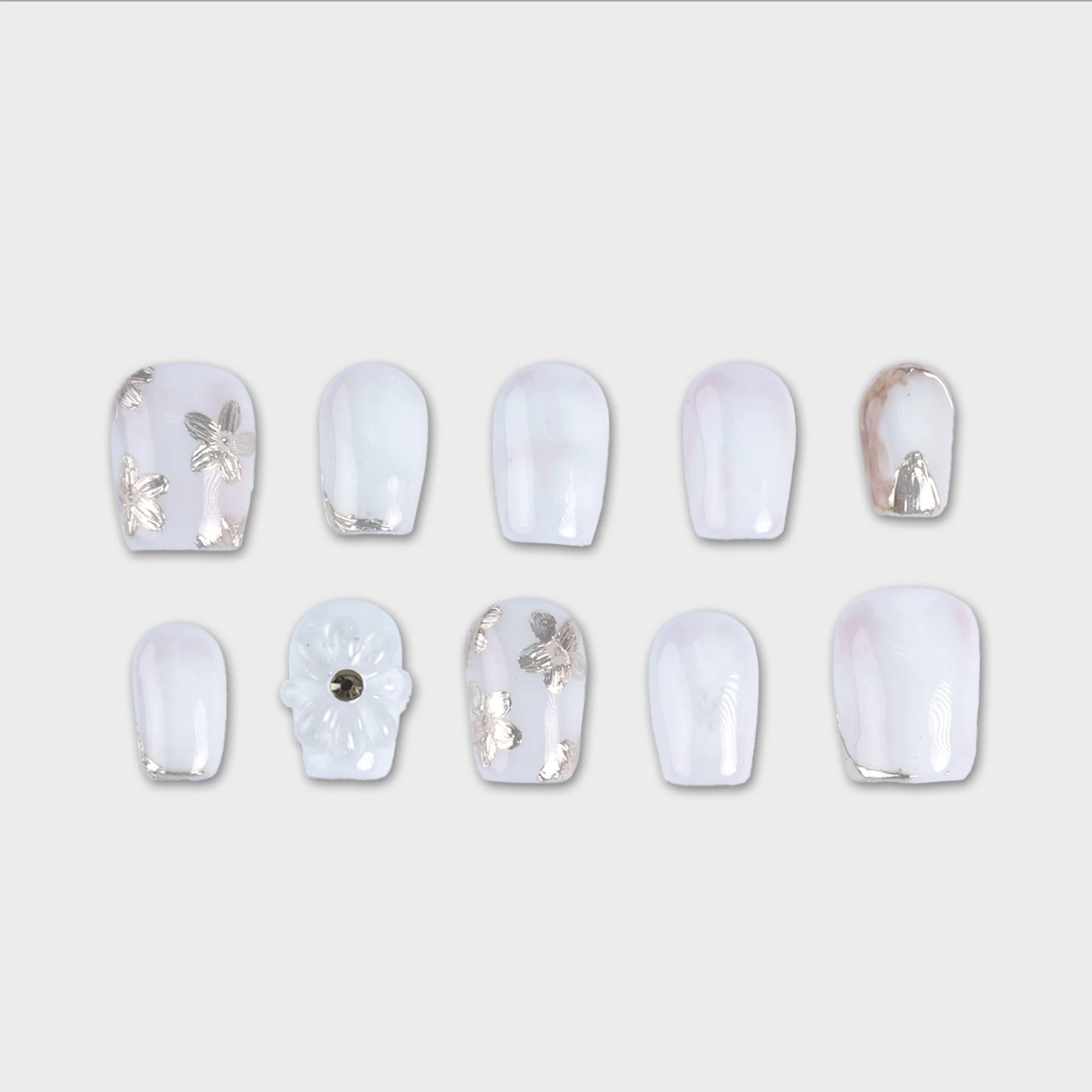 SIYOU Silver Blossom Short Coffin 3D Floral Pearl Butterfly Press-On Nails 10pc