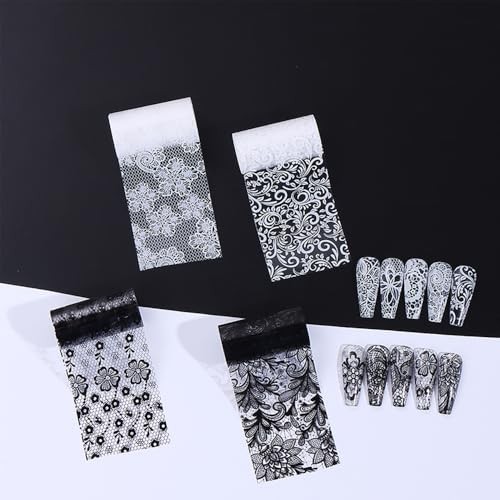 10 Rolls Lace Nail Art Foil Transfer Sticker Kit Black White Flower Foil W2