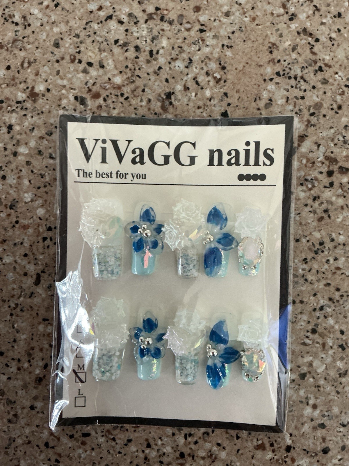 ViVaGG nails Blue White 3D Flower Glitter Medium Press-On Nails snow globe style