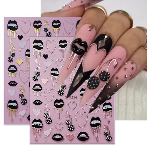 4 Sheets Sexy Black Lips Nail Stickers Golden&Rose Gold Nail Decals Heart Dark