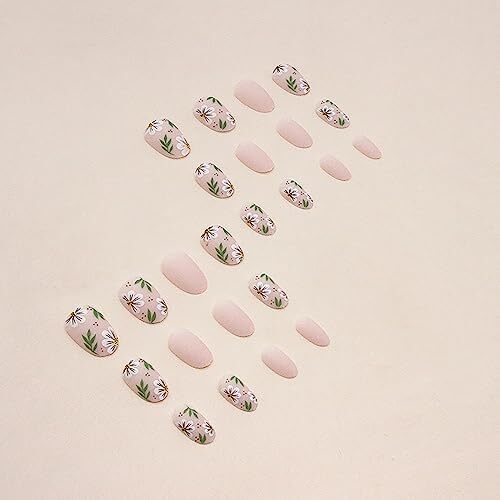 Flower Press on Nails Short Length, Oval Short Nude White Floral Green Leaf