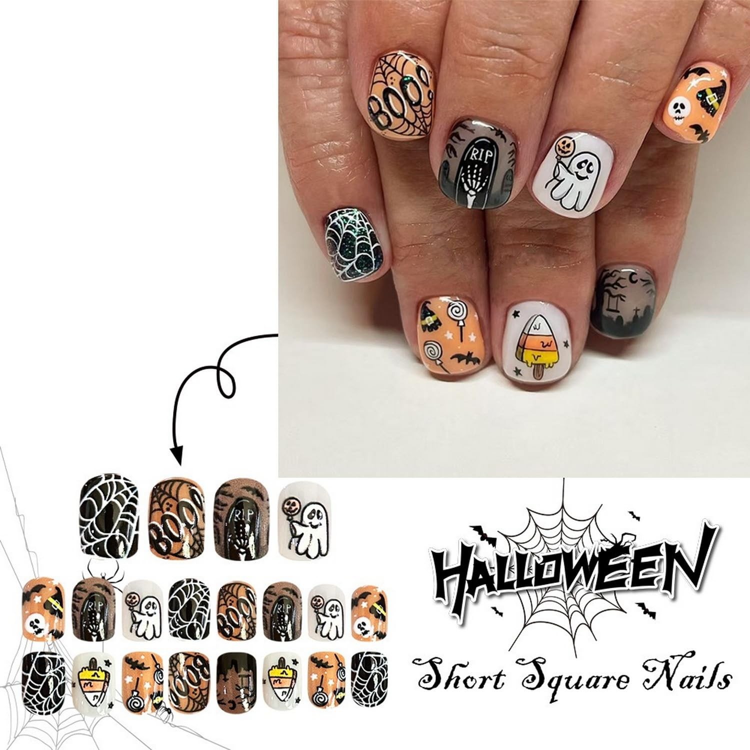 Halloween Press on Nails Orange Full Cover Spider Web Cute Little Ghost Pumpk…