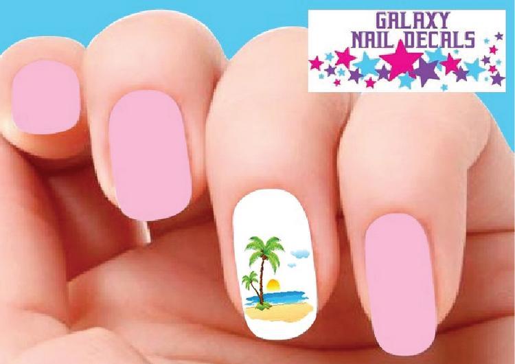 Waterslide Nail Decals – Set of 20 Summer Beach Palm Tree, Ocean & Sunset
