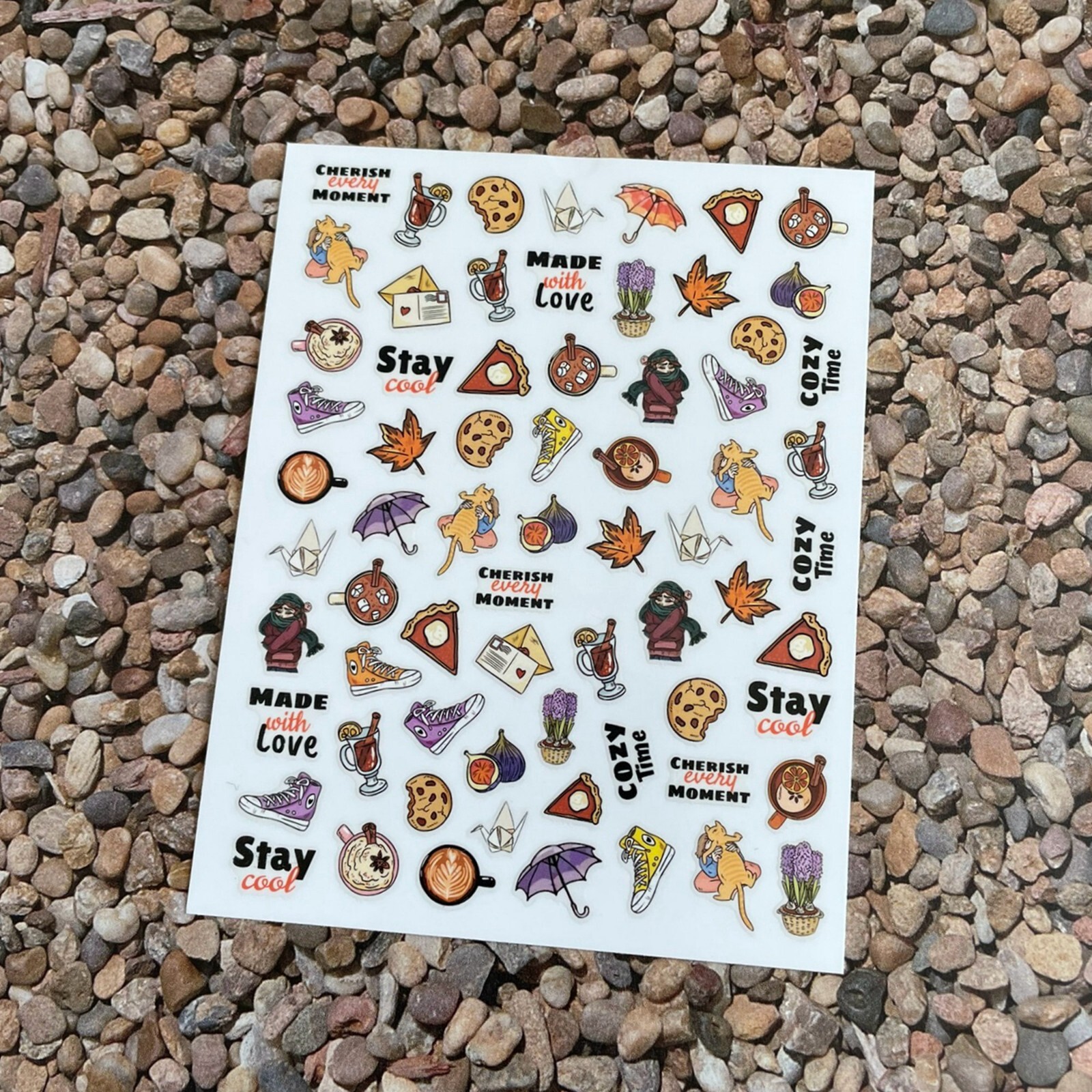 Stay Cool Cozy Time Nail Sticker Flower Leaf Shoes Food Wine Pie Paper Crane