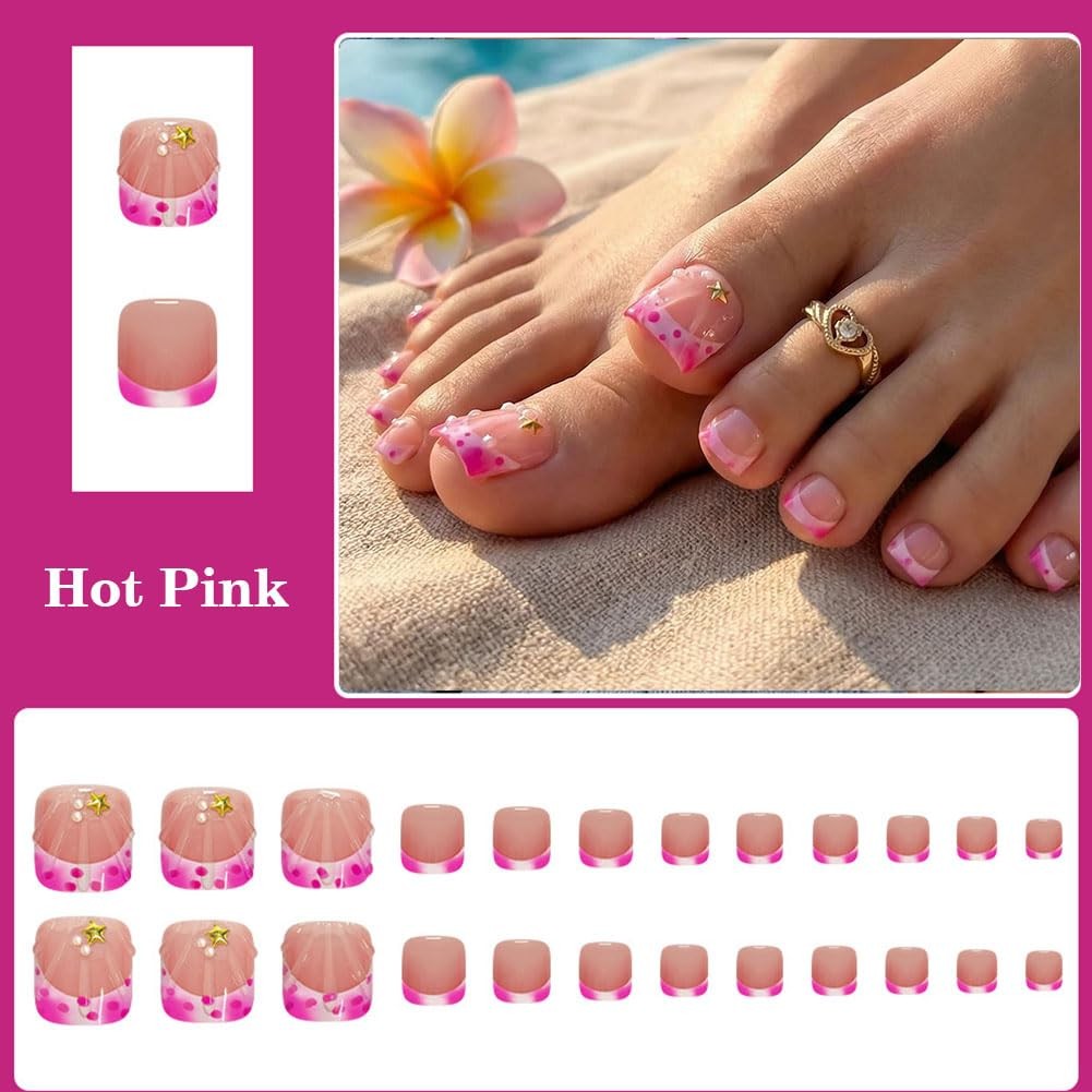 Press on Toenails, Hot Pink French Tip Fake Toe Nail with 3D Design, Glossy R…