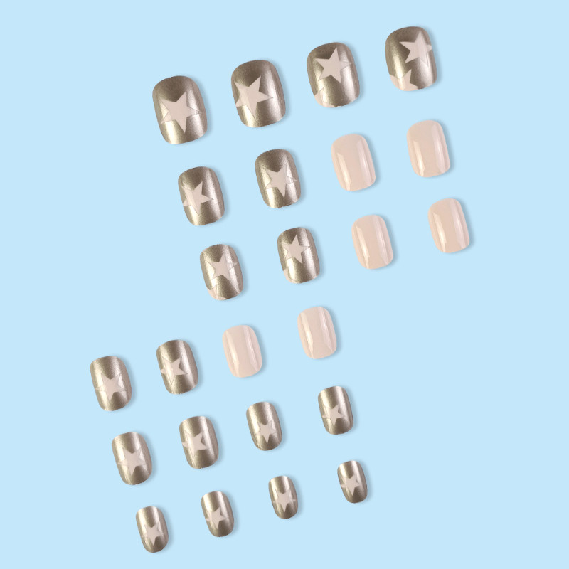48pcs Short Almond Press on Nails, Nude Silver Mirror Star Casual Daily Nails