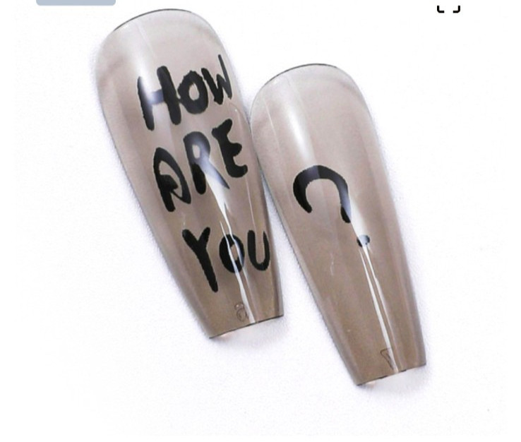 24 Pcs Press-On Nail Long Coffin Glossy – Light Gray w/Graffiti Messages
